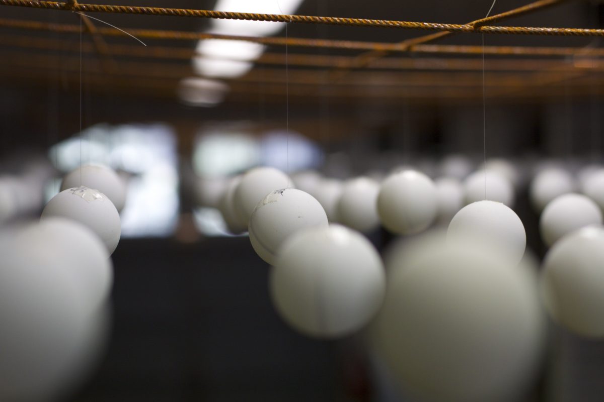 Installation - vidéo 2’37’’ en boucle, 400 balles de ping pong